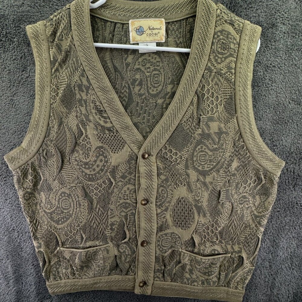 COOGI Naturals Sweater Vest Sleeveless Green Knit Geometric Cardigan Cotton L
